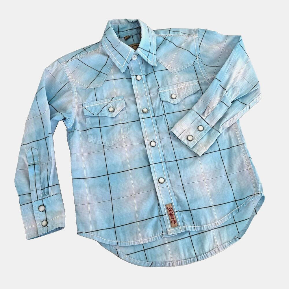 Rafter C Youth Boys XS Blue Plaid Pearl Snap Button Down Western Shirt Cowboy